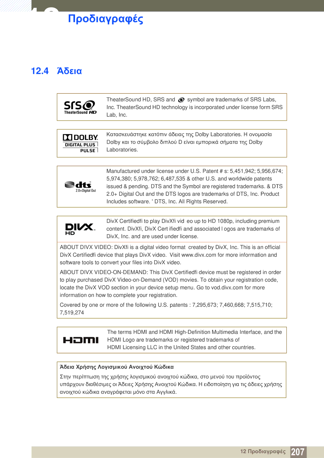 Samsung LH46SLBPLBC/EN manual 12.4 Άδεια, Άδεια Χρήσης Λογισμικού Ανοιχτού Κώδικα 