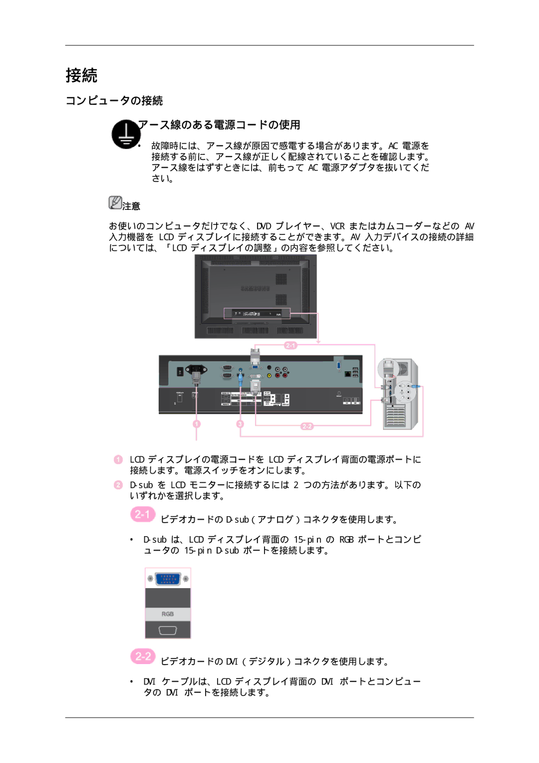 Samsung LH46SOUQSC/XJ, LH46SOTMBC/XJ, LH46SOTQSC/XJ, LH46SOUMSC/XJ, LH46SOQMSC/XJ, LH46SOPMBC/XJ コンピュータの接続, アース線のある電源コードの使用 