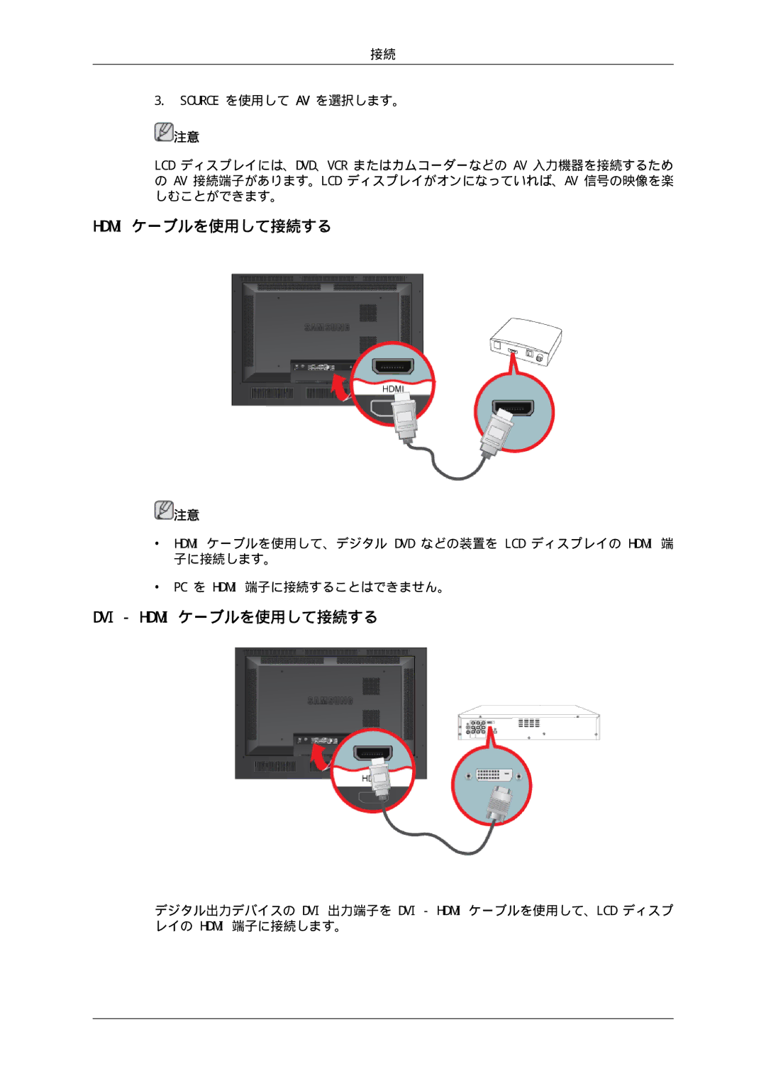 Samsung LH46SOUMSC/XJ, LH46SOTMBC/XJ, LH46SOUQSC/XJ, LH46SOTQSC/XJ, LH46SOQMSC/XJ, LH46SOPMBC/XJ DVI Hdmi ケーブルを使用して接続する 