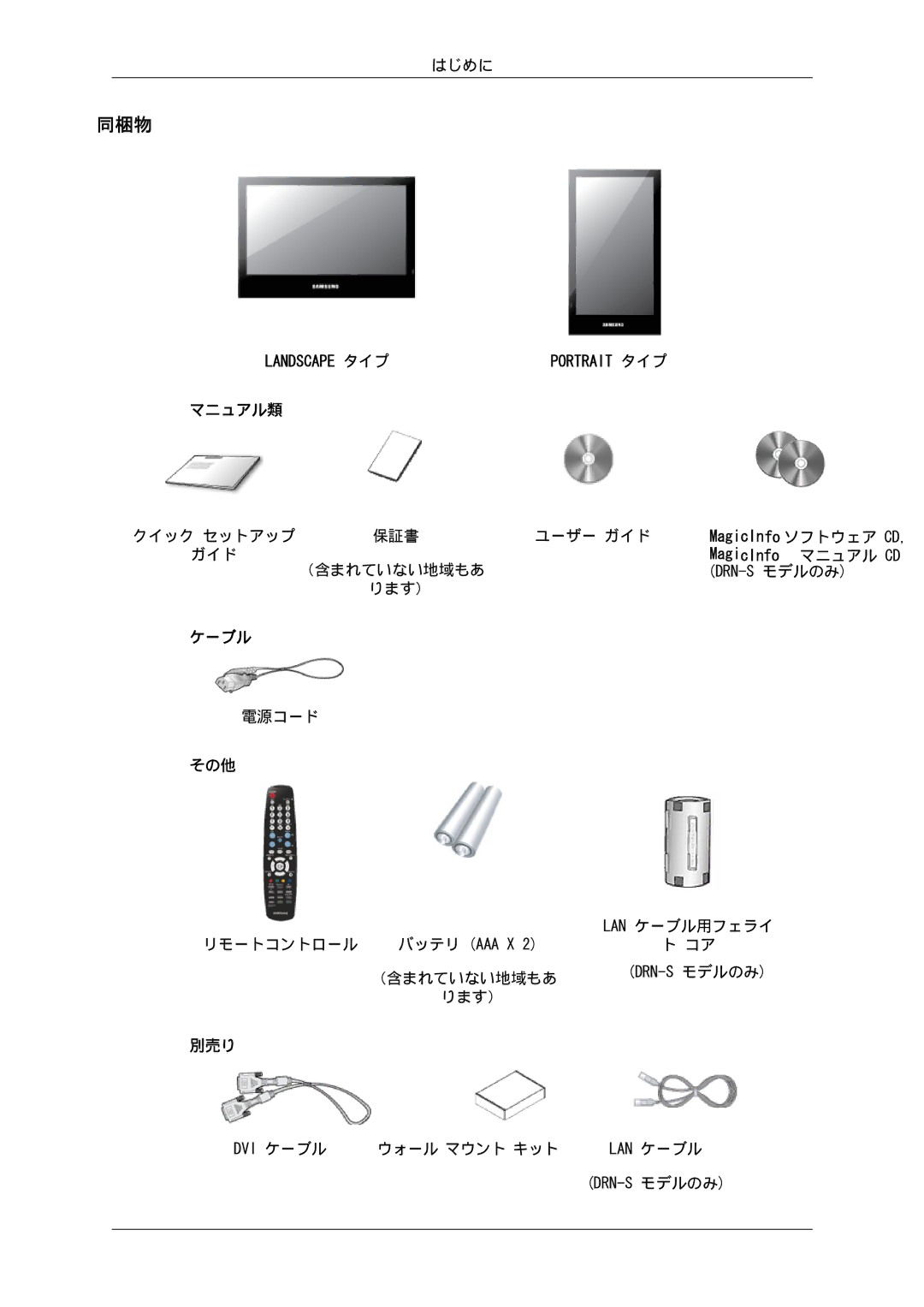 Samsung LH46SOQMSC/XJ, LH46SOTMBC/XJ, LH46SOUQSC/XJ, LH46SOTQSC/XJ, LH46SOUMSC/XJ, LH46SOPMBC/XJ 同梱物, マニュアル類, ケーブル, その他, 別売り 