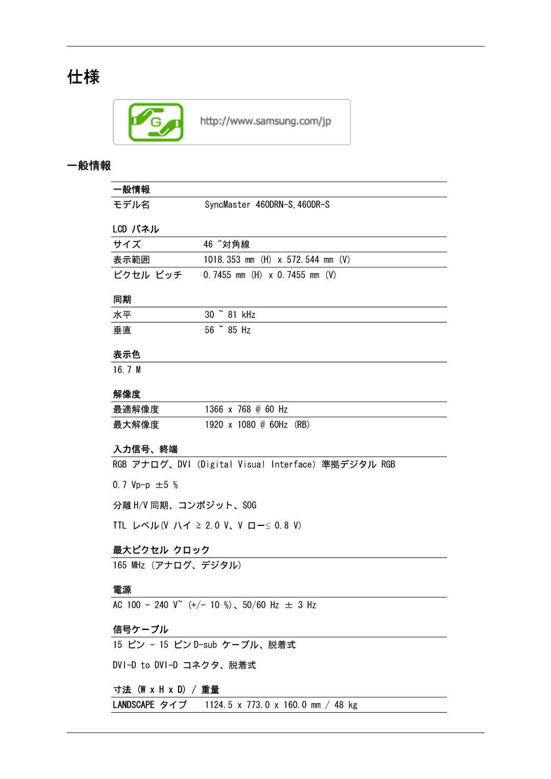 Samsung LH46SOTQSC/XJ, LH46SOTMBC/XJ, LH46SOUQSC/XJ, LH46SOUMSC/XJ, LH46SOQMSC/XJ, LH46SOPMBC/XJ 一般情報, 最大ピクセル クロック, 信号ケーブル 