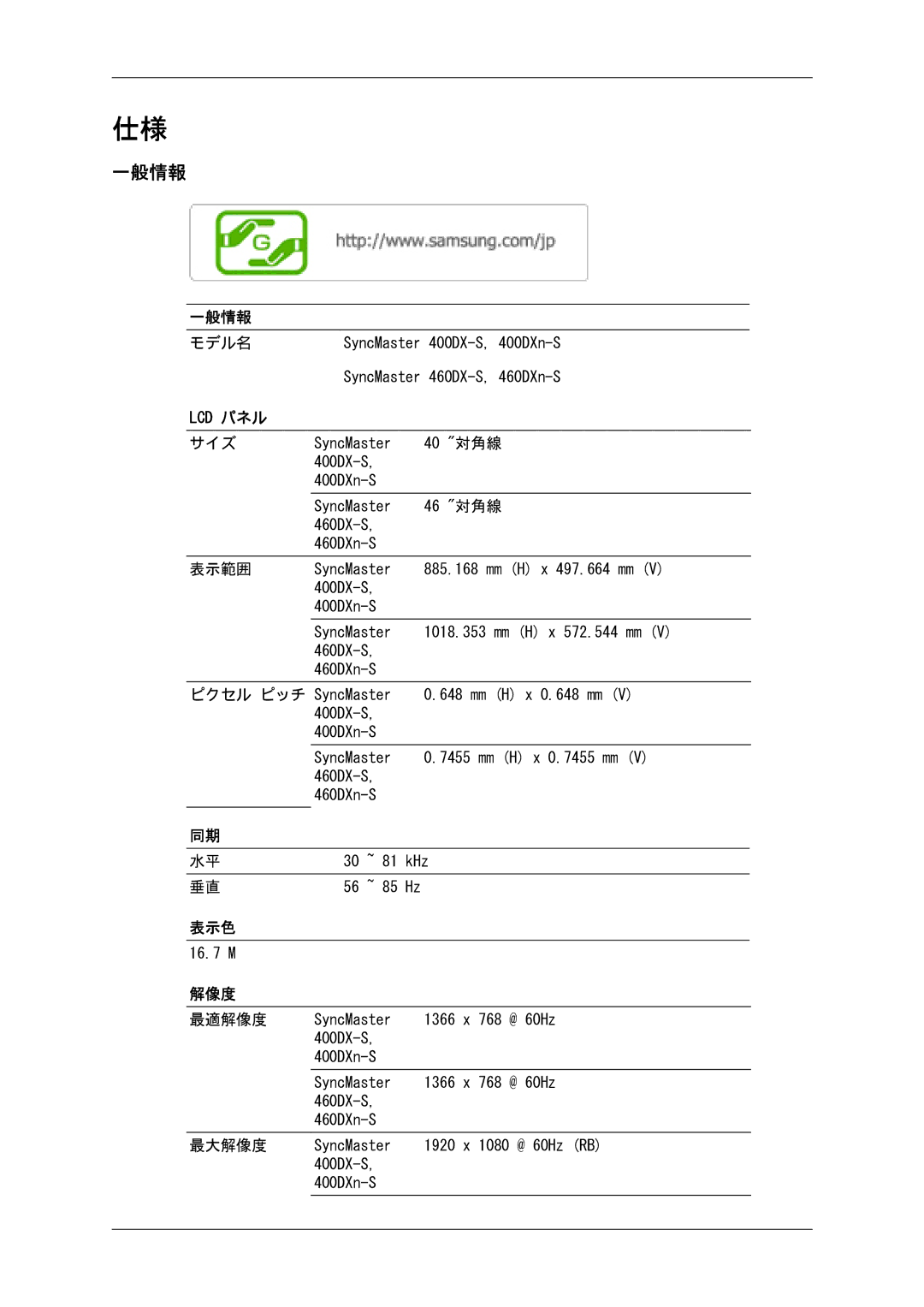 Samsung LH46SOUMSC/XJ, LH46SOTMBC/XJ, LH46SOUQSC/XJ, LH46SOTQSC/XJ manual 一般情報, Lcd パネル, 表示色, 解像度 