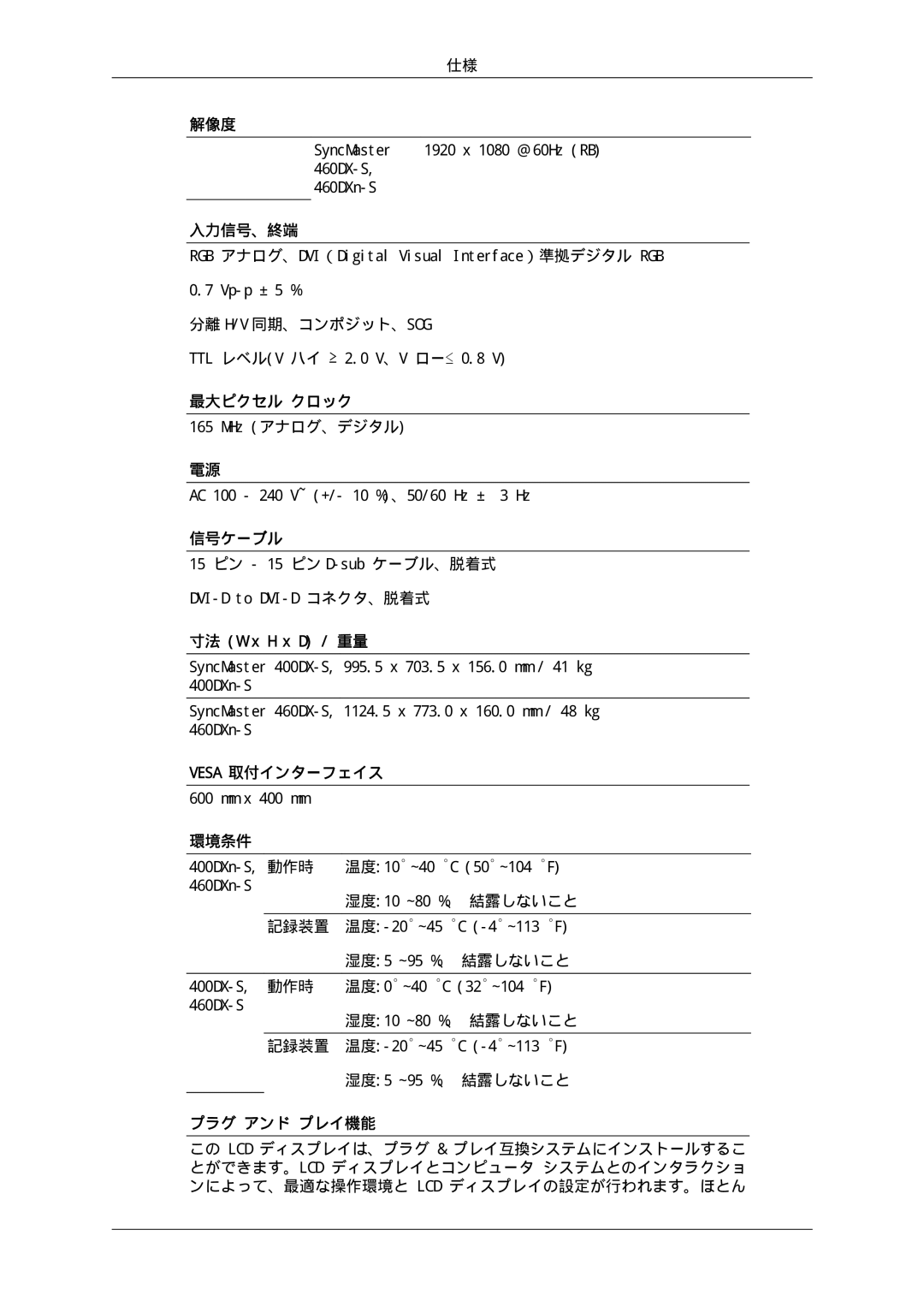 Samsung LH46SOTMBC/XJ, LH46SOUQSC/XJ 入力信号、終端, 最大ピクセル クロック, 信号ケーブル, 寸法 W x H x D / 重量, Vesa 取付インターフェイス, 環境条件, プラグ アンド プレイ機能 