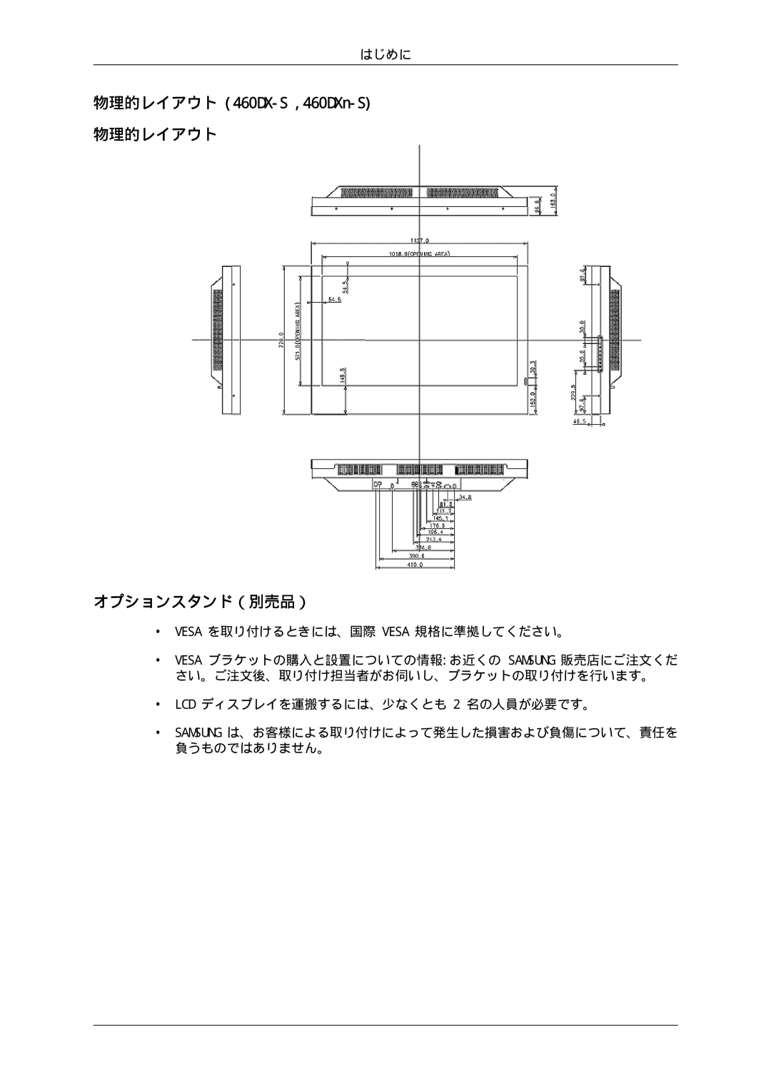 Samsung LH46SOUQSC/XJ, LH46SOTMBC/XJ, LH46SOTQSC/XJ, LH46SOUMSC/XJ manual 物理的レイアウト 460DX-S ,460DXn-S オプションスタンド（別売品） 