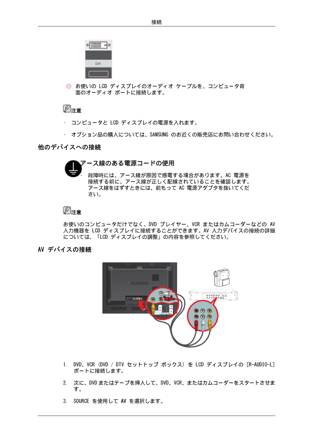 Samsung LH46SOUQSC/XJ, LH46SOTMBC/XJ, LH46SOTQSC/XJ, LH46SOUMSC/XJ manual 他のデバイスへの接続 アース線のある電源コードの使用, Av デバイスの接続 