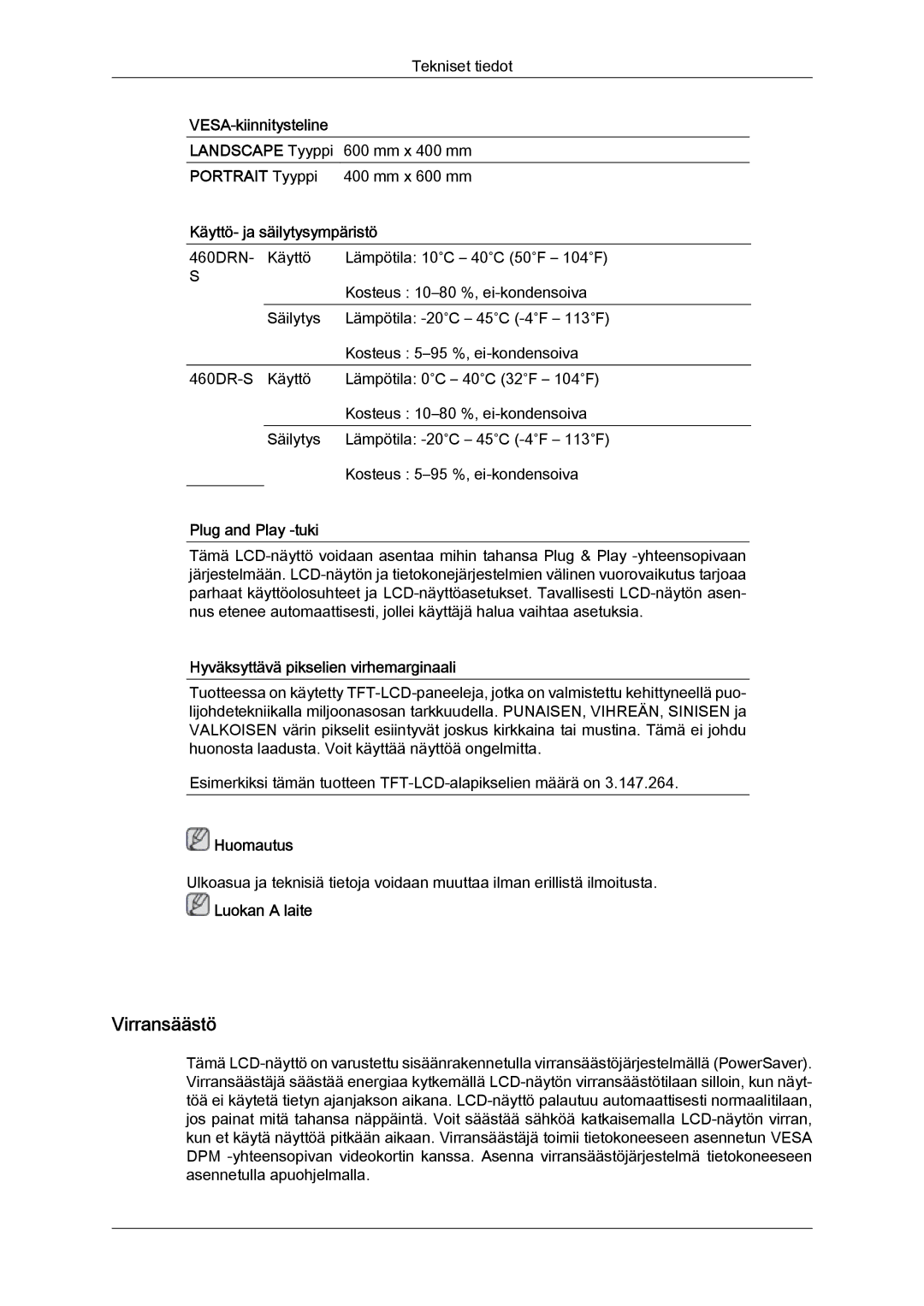 Samsung LH46SOPMSQ/EN, LH46SOUMSC/EN, LH46SOQMSC/EN, LH46SOPMSC/EN manual Virransäästö 