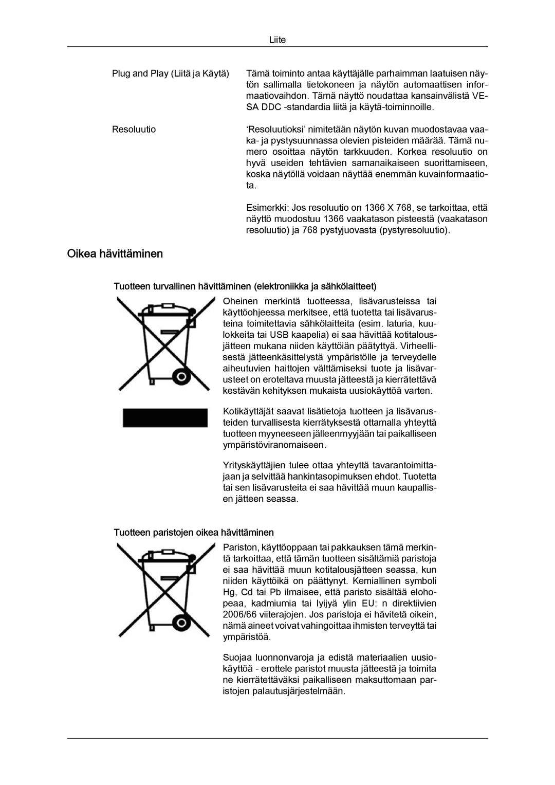 Samsung LH46SOPMSQ/EN, LH46SOUMSC/EN, LH46SOQMSC/EN manual Oikea hävittäminen, Tuotteen paristojen oikea hävittäminen 