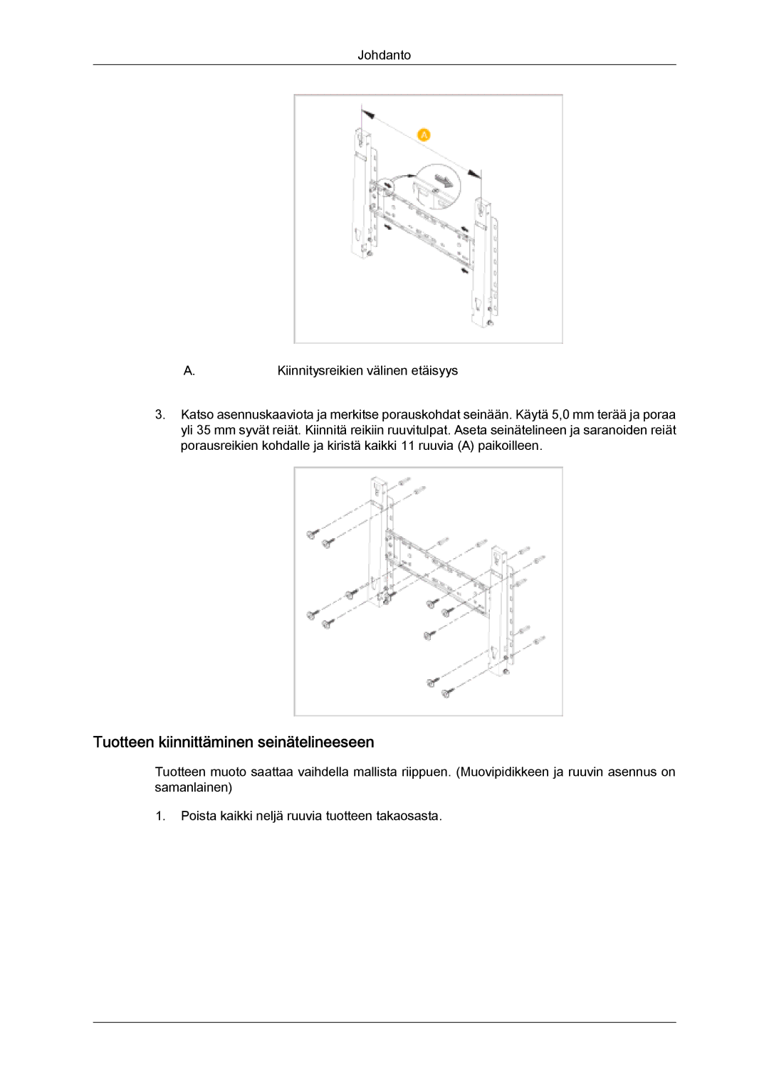 Samsung LH46SOUMSC/EN, LH46SOQMSC/EN, LH46SOPMSC/EN, LH46SOPMSQ/EN manual Tuotteen kiinnittäminen seinätelineeseen 