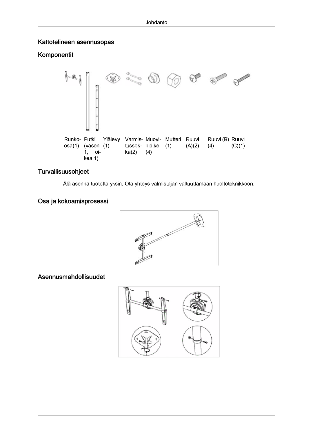 Samsung LH46SOPMSQ/EN, LH46SOUMSC/EN, LH46SOQMSC/EN, LH46SOPMSC/EN Kattotelineen asennusopas Komponentit, Turvallisuusohjeet 