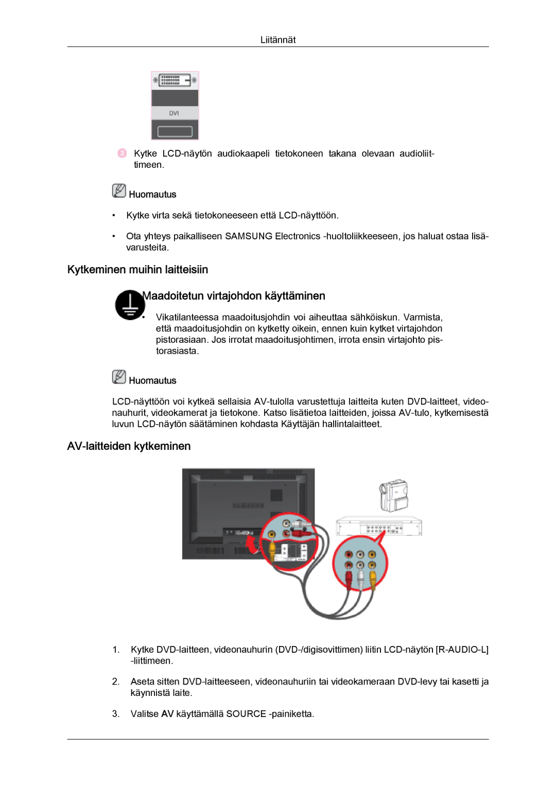 Samsung LH46SOPMSC/EN, LH46SOUMSC/EN, LH46SOQMSC/EN, LH46SOPMSQ/EN manual AV-laitteiden kytkeminen 