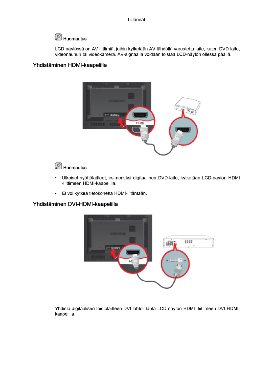 Samsung LH46SOPMSQ/EN, LH46SOUMSC/EN, LH46SOQMSC/EN manual Yhdistäminen HDMI-kaapelilla, Yhdistäminen DVI-HDMI-kaapelilla 