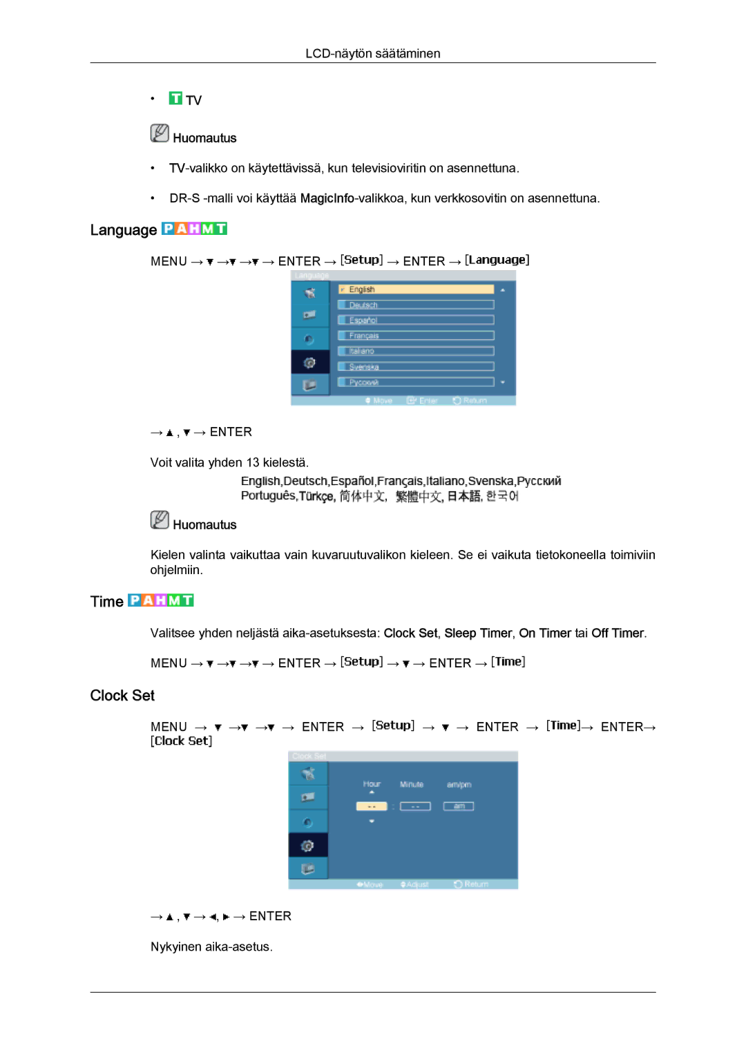 Samsung LH46SOUMSC/EN, LH46SOQMSC/EN, LH46SOPMSC/EN, LH46SOPMSQ/EN manual Language, Time, Clock Set 