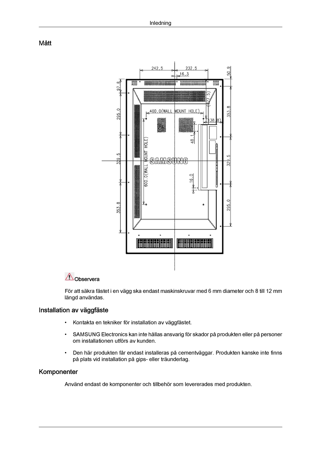 Samsung LH46SOQMSC/EN, LH46SOUMSC/EN, LH46SOPMSC/EN, LH46SOPMSQ/EN manual Installation av väggfäste, Komponenter 