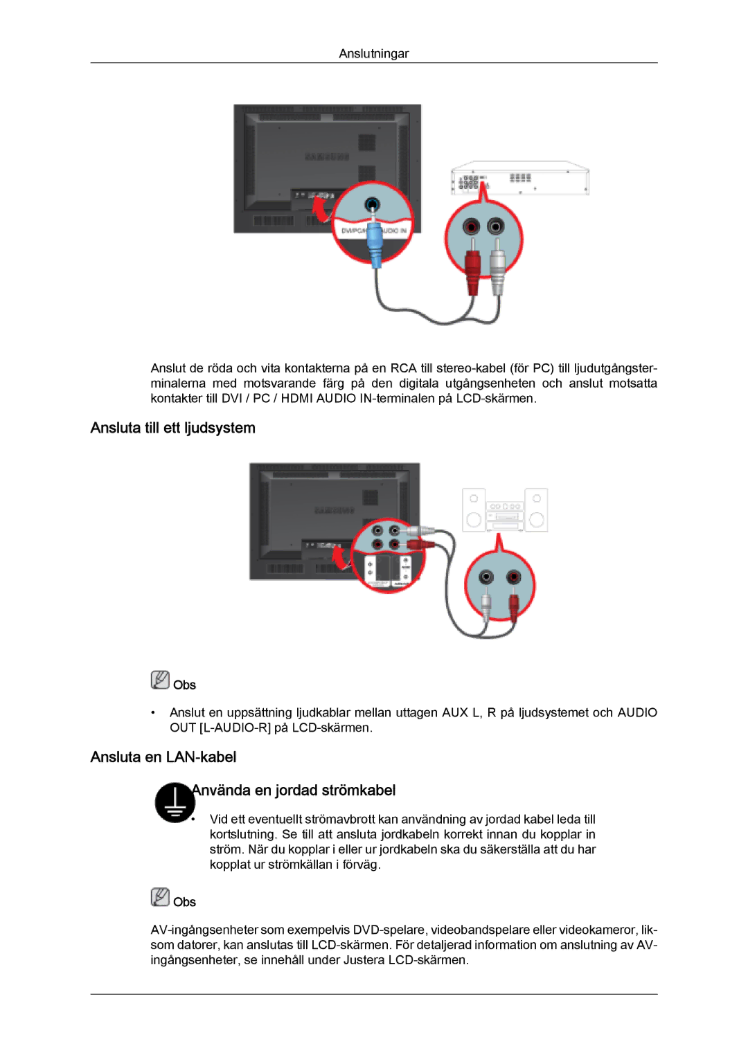 Samsung LH46SOPMSQ/EN, LH46SOUMSC/EN manual Ansluta till ett ljudsystem, Ansluta en LAN-kabel Använda en jordad strömkabel 