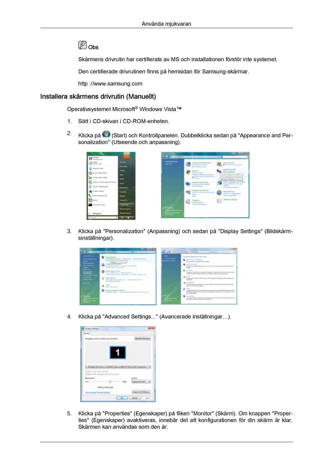 Samsung LH46SOPMSQ/EN, LH46SOUMSC/EN, LH46SOQMSC/EN, LH46SOPMSC/EN manual Installera skärmens drivrutin Manuellt 