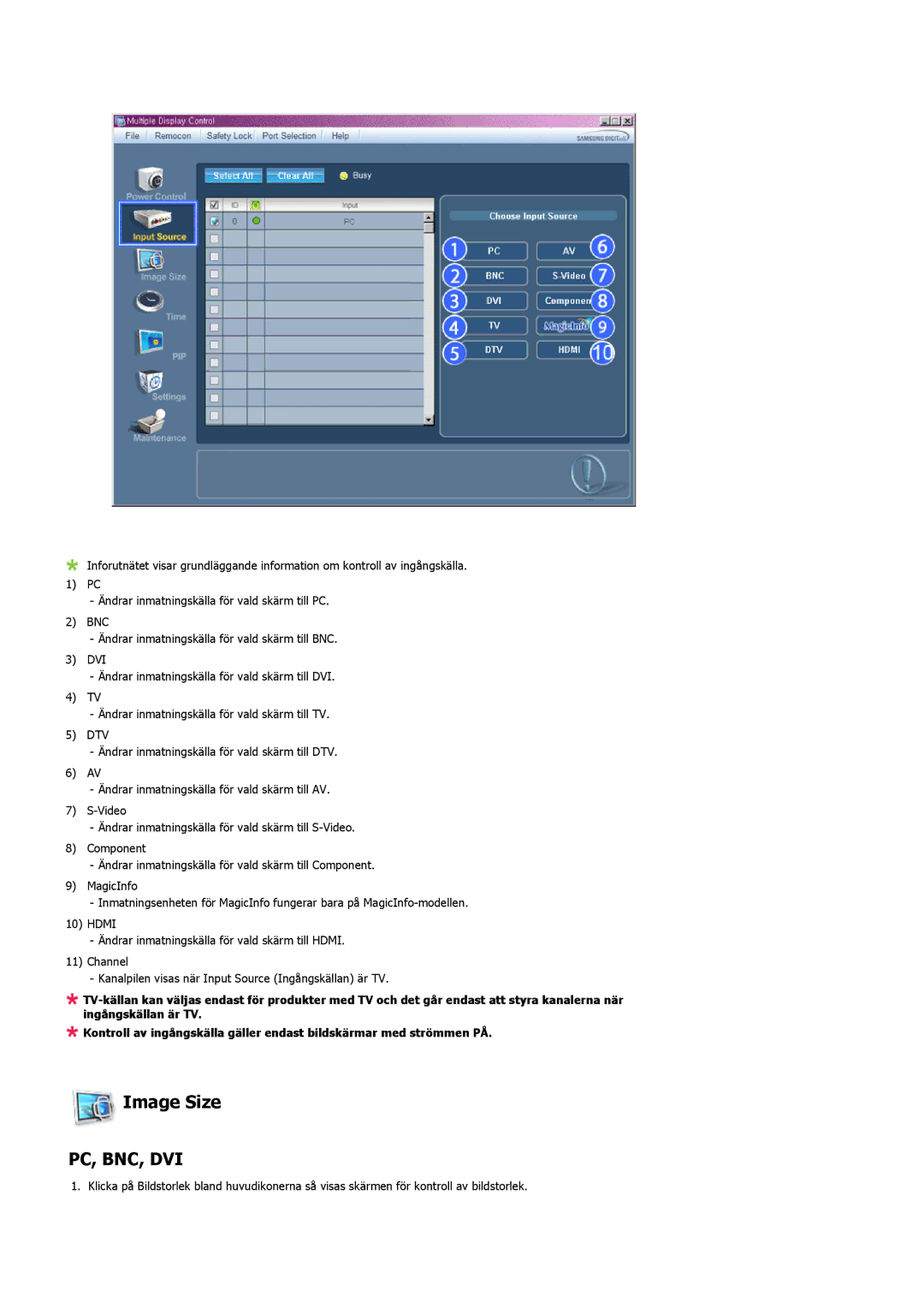 Samsung LH46SOQMSC/EN, LH46SOUMSC/EN, LH46SOPMSC/EN, LH46SOPMSQ/EN manual Image Size, Pc, Bnc, Dvi 