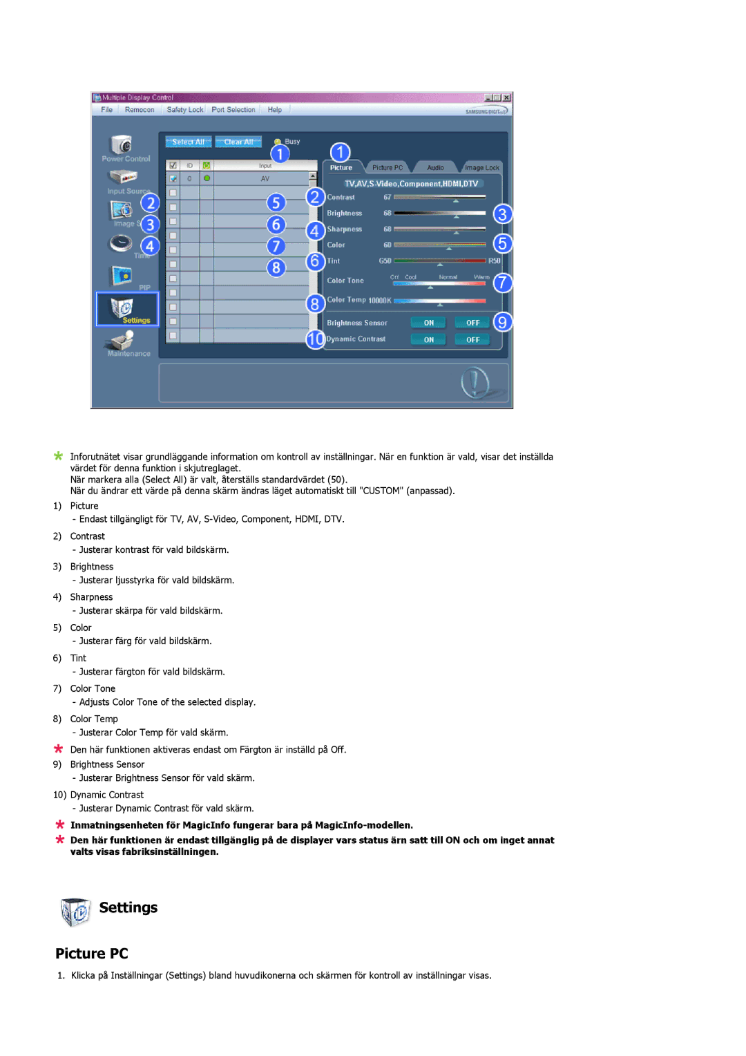 Samsung LH46SOPMSQ/EN, LH46SOUMSC/EN, LH46SOQMSC/EN, LH46SOPMSC/EN manual Settings Picture PC 