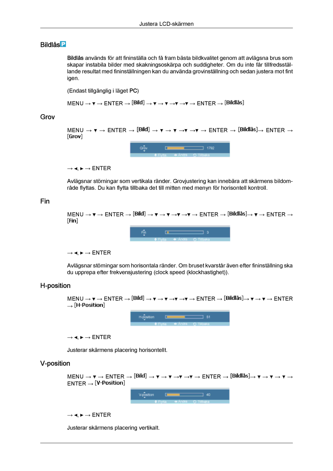 Samsung LH46SOUMSC/EN, LH46SOQMSC/EN, LH46SOPMSC/EN, LH46SOPMSQ/EN manual Bildlås, Grov, Fin, Position 