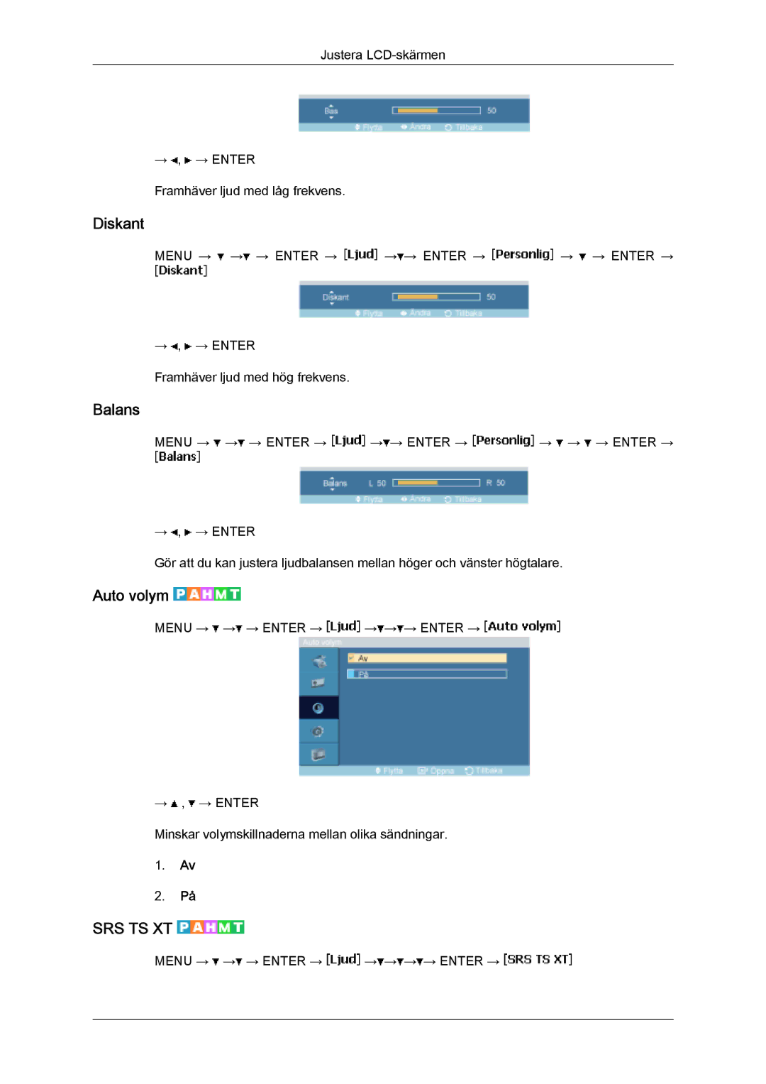 Samsung LH46SOPMSC/EN, LH46SOUMSC/EN, LH46SOQMSC/EN, LH46SOPMSQ/EN manual Diskant, Balans, Auto volym 