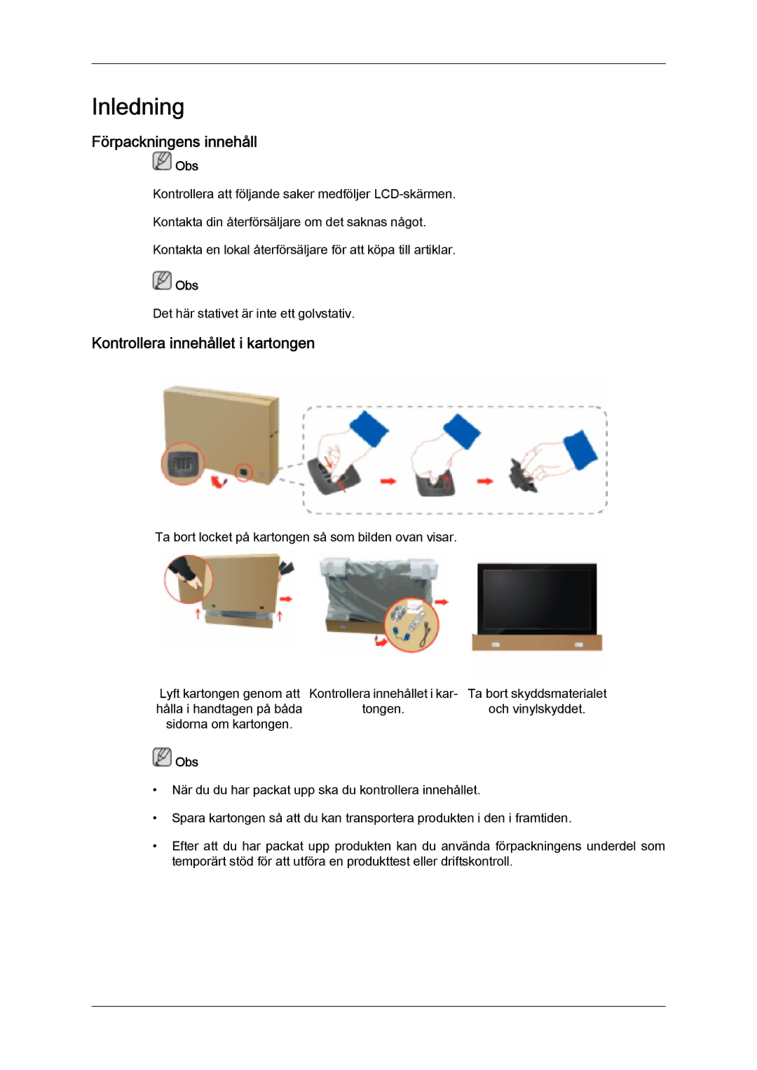 Samsung LH46SOQMSC/EN, LH46SOUMSC/EN, LH46SOPMSC/EN manual Förpackningens innehåll, Kontrollera innehållet i kartongen 