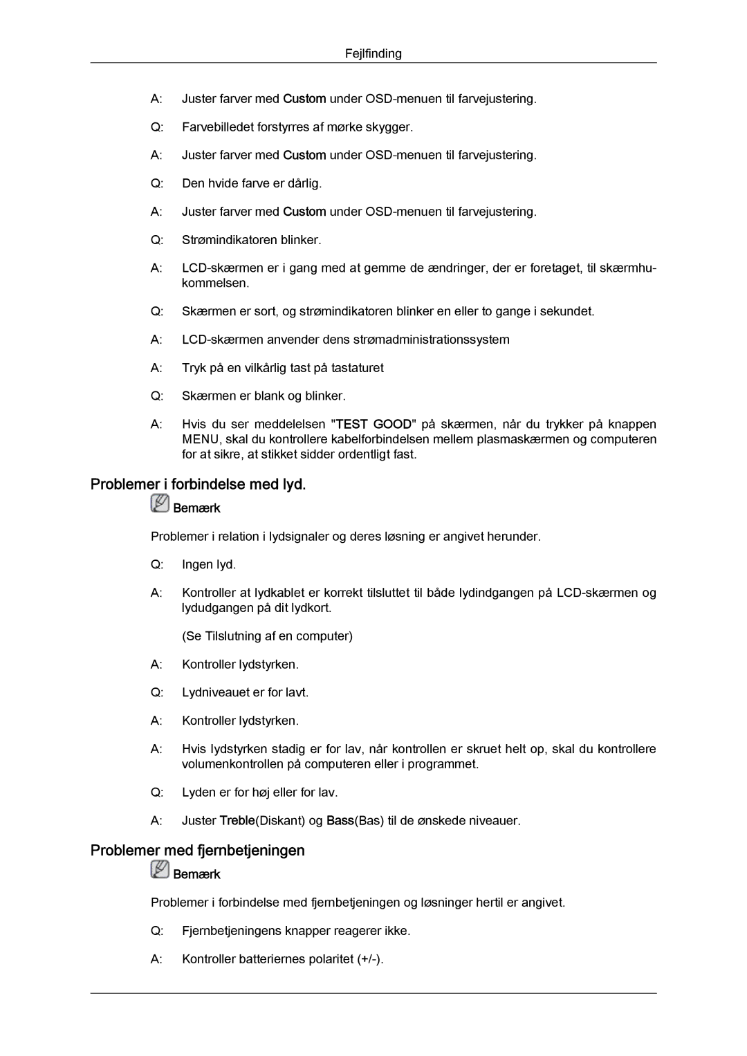 Samsung LH46SOQMSC/EN, LH46SOUMSC/EN, LH46SOPMSC/EN manual Problemer i forbindelse med lyd, Problemer med fjernbetjeningen 