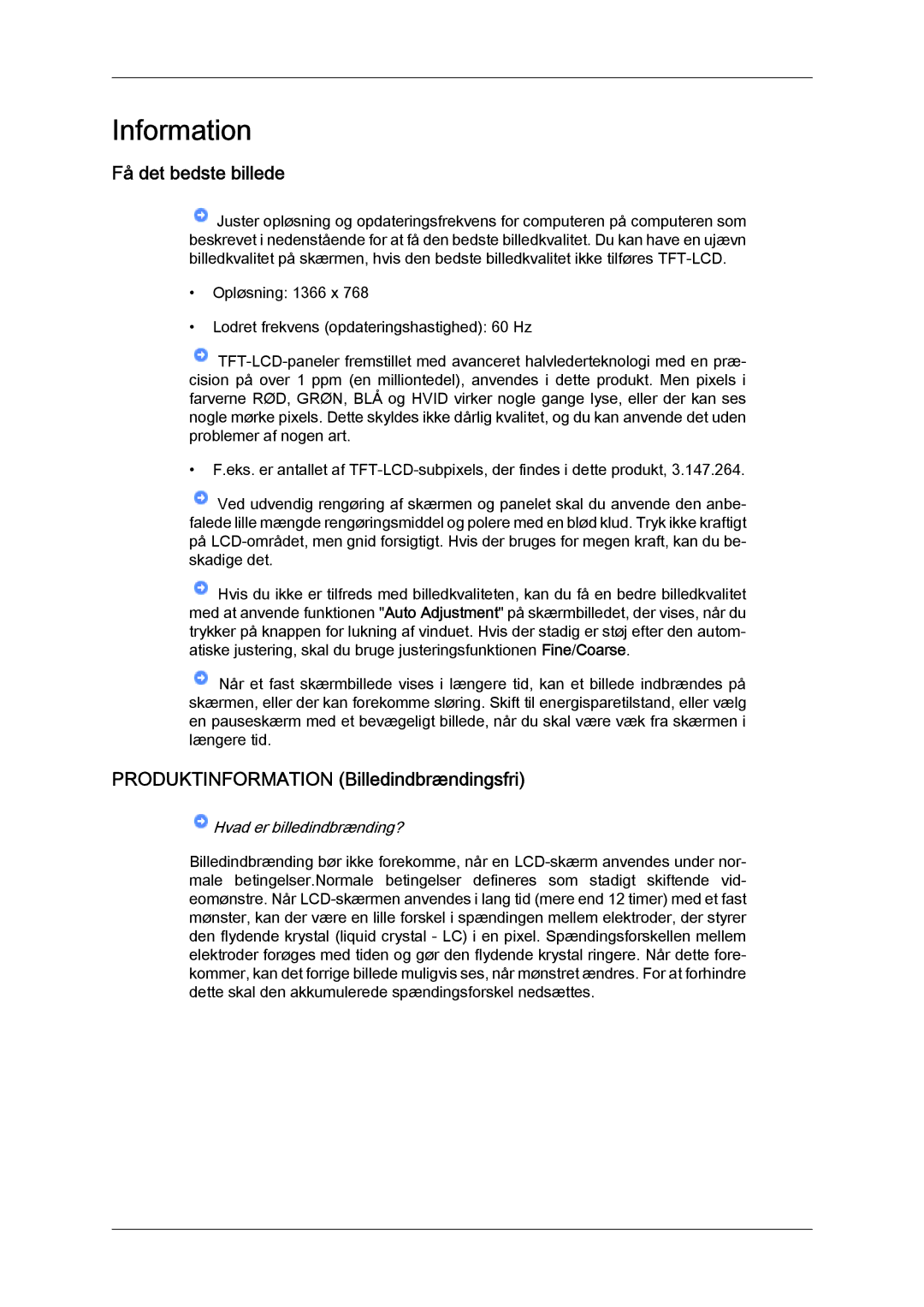 Samsung LH46SOUMSC/EN, LH46SOQMSC/EN, LH46SOPMSC/EN manual Få det bedste billede, Produktinformation Billedindbrændingsfri 