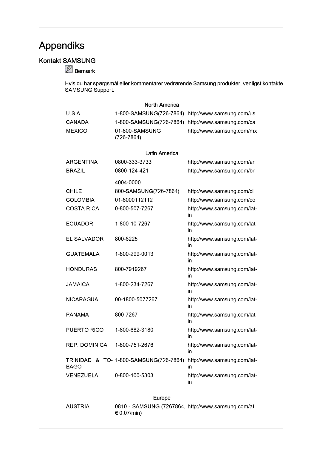 Samsung LH46SOQMSC/EN, LH46SOUMSC/EN, LH46SOPMSC/EN, LH46SOPMSQ/EN Kontakt Samsung, North America, Latin America, Europe 