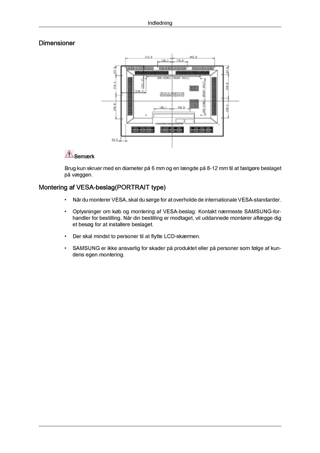 Samsung LH46SOPMSC/EN, LH46SOUMSC/EN, LH46SOQMSC/EN, LH46SOPMSQ/EN manual Dimensioner, Montering af VESA-beslagPORTRAIT type 