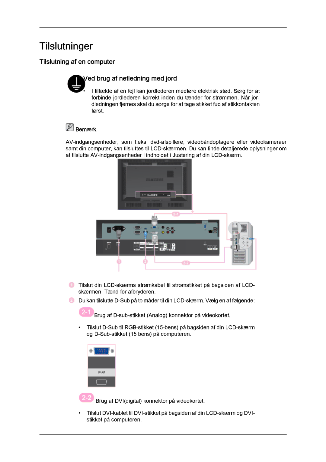 Samsung LH46SOPMSC/EN, LH46SOUMSC/EN manual Tilslutninger, Tilslutning af en computer Ved brug af netledning med jord 