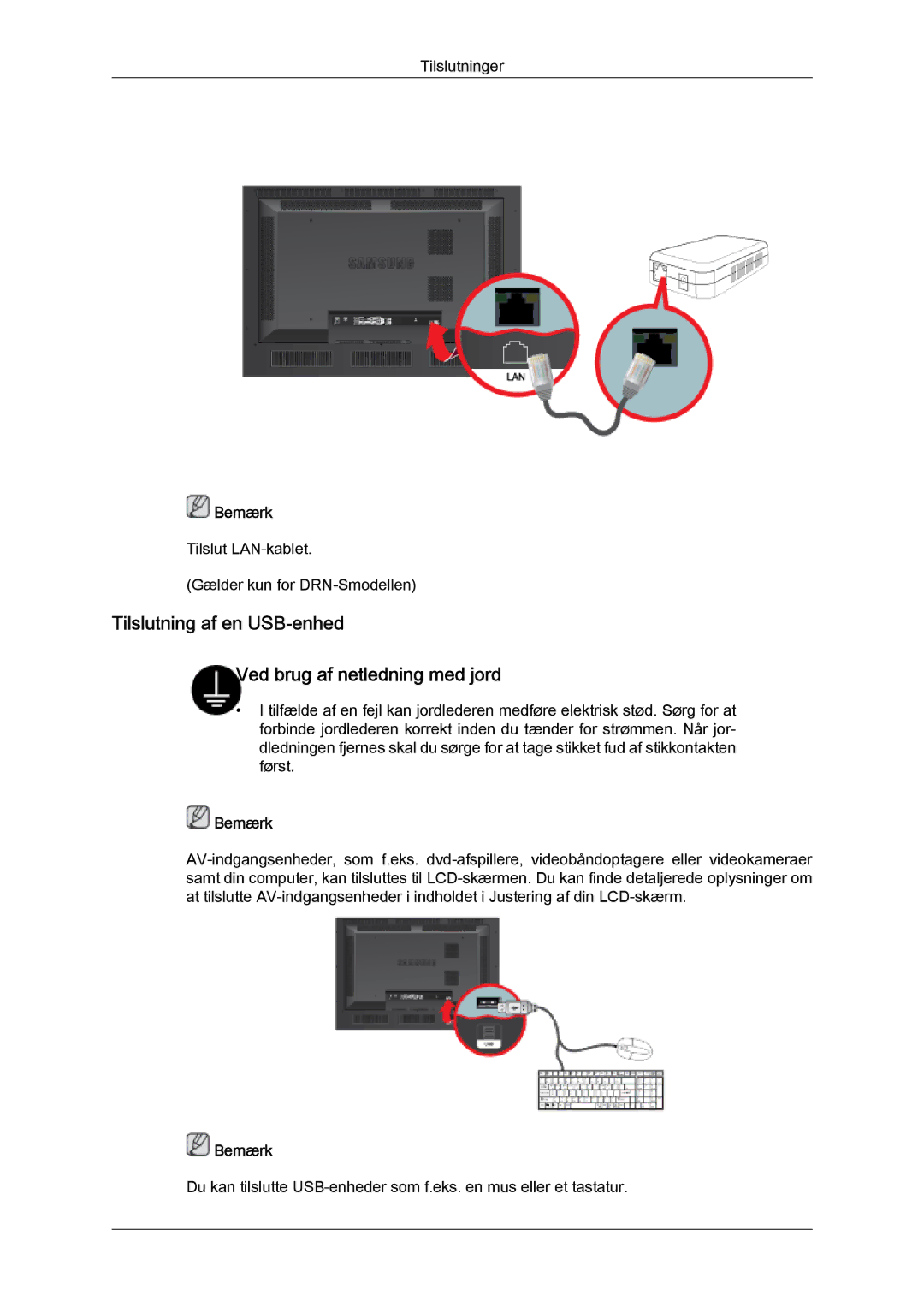 Samsung LH46SOPMSC/EN, LH46SOUMSC/EN, LH46SOQMSC/EN manual Tilslutning af en USB-enhed Ved brug af netledning med jord 