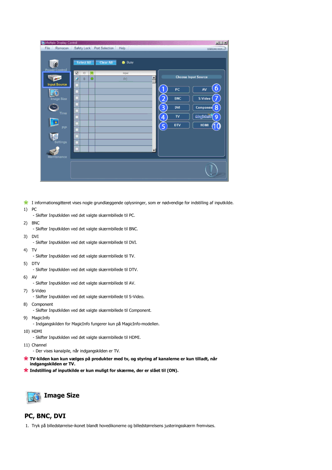 Samsung LH46SOPMSQ/EN, LH46SOUMSC/EN, LH46SOQMSC/EN, LH46SOPMSC/EN manual Image Size, Pc, Bnc, Dvi 