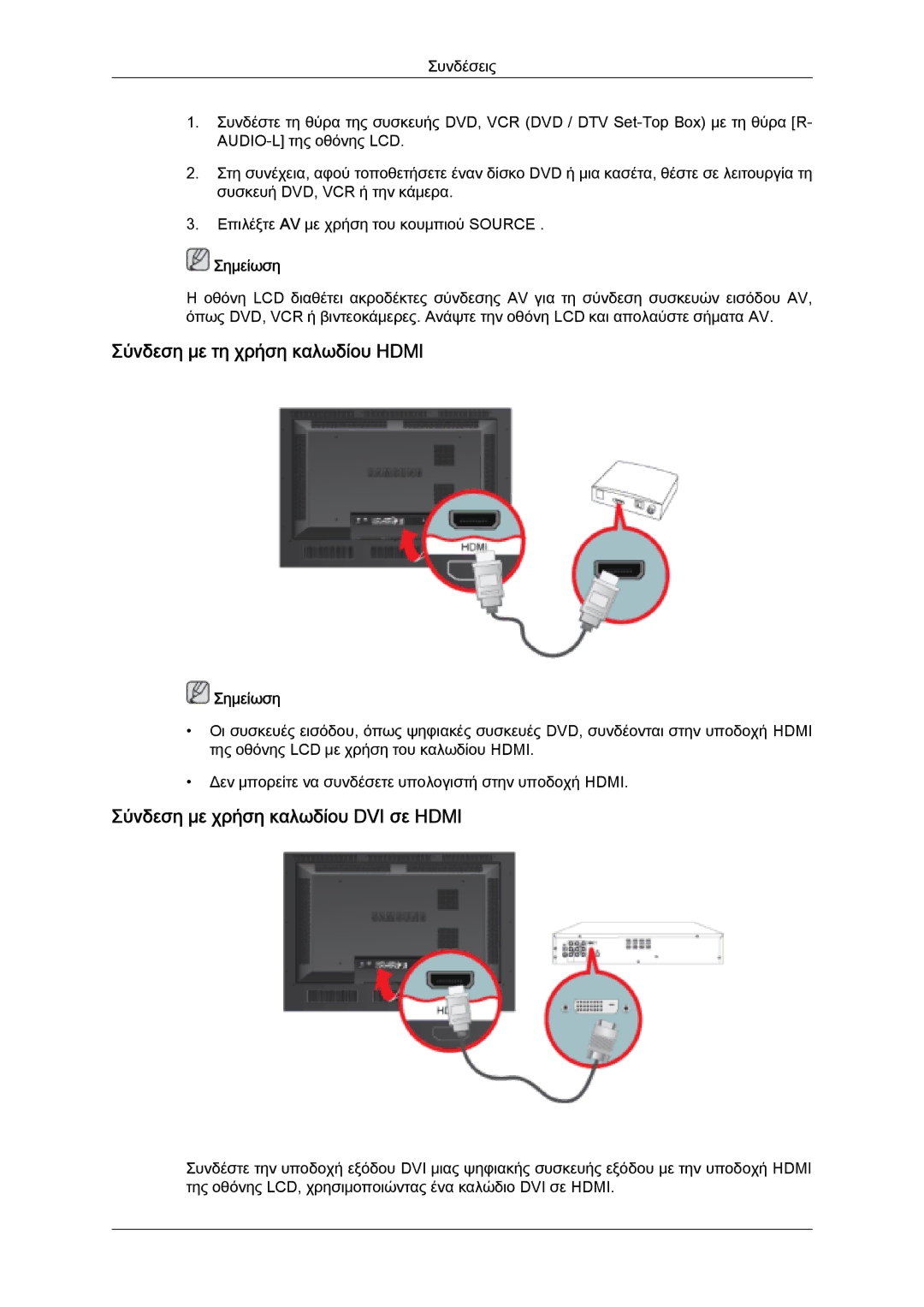 Samsung LH46SOPMBC/EN, LH46SOUQSC/EN manual Σύνδεση με τη χρήση καλωδίου Hdmi, Σύνδεση με χρήση καλωδίου DVI σε Hdmi 