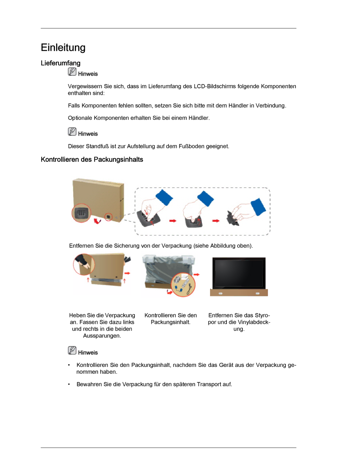 Samsung LH46SOPMBC/EN, LH46SOUQSC/EN, LH46SOQQSC/EN, LH46SOUMSC/EN manual Lieferumfang, Kontrollieren des Packungsinhalts 