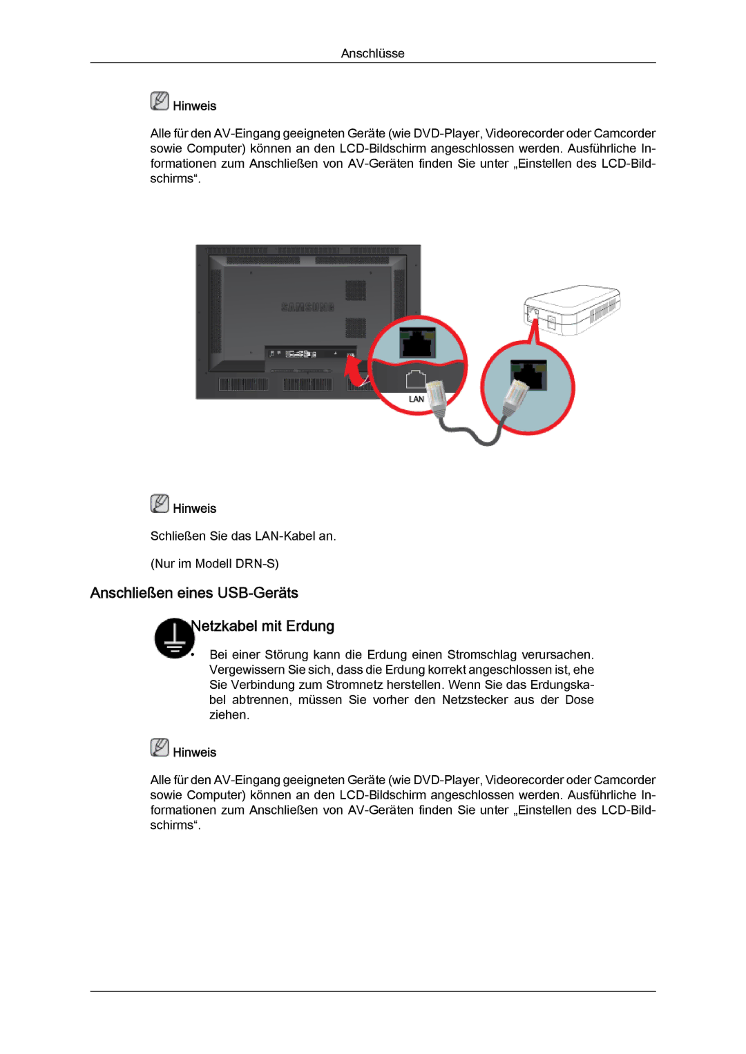 Samsung LH46SOUMSC/EN, LH46SOUQSC/EN, LH46SOQQSC/EN, LH46SOPMBC/EN manual Anschließen eines USB-Geräts Netzkabel mit Erdung 