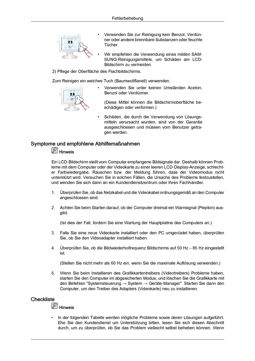 Samsung LH46SOPQBC/EN, LH46SOUQSC/EN, LH46SOQQSC/EN, LH46SOPMBC/EN manual Symptome und empfohlene Abhilfemaßnahmen, Checkliste 