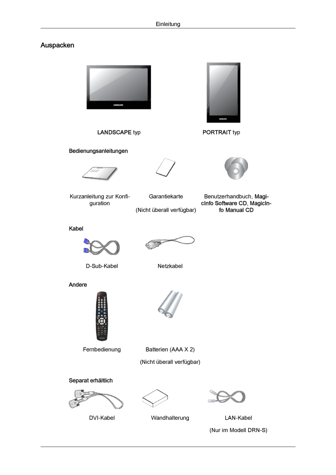 Samsung LH46SOUMSC/EN, LH46SOUQSC/EN, LH46SOQQSC/EN, LH46SOPMBC/EN, LH46SOTQBC/EN manual Auspacken, Bedienungsanleitungen 