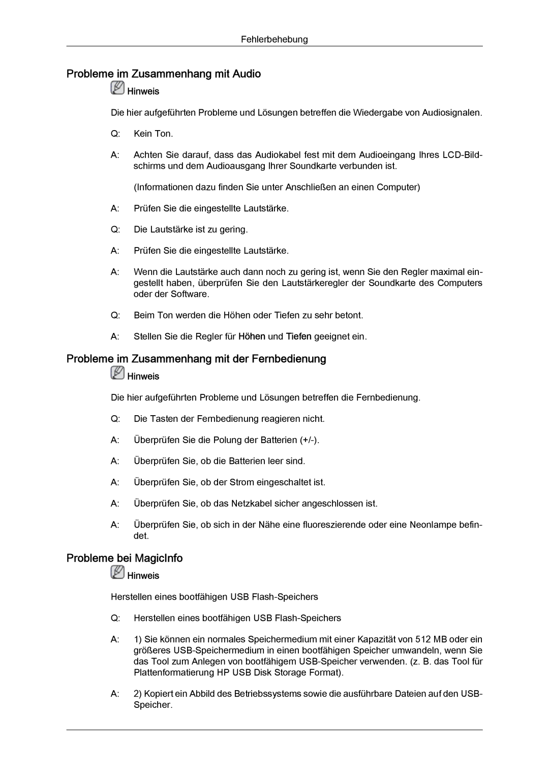 Samsung LH46SOPMBC/EN, LH46SOUQSC/EN Probleme im Zusammenhang mit Audio, Probleme im Zusammenhang mit der Fernbedienung 