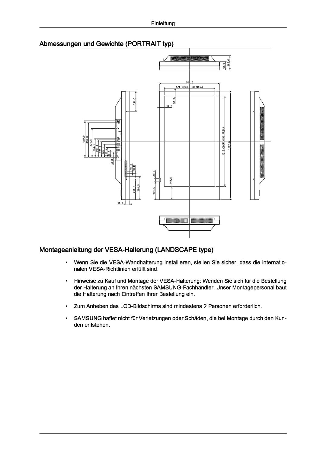 Samsung LH46SOPQBC/EN manual Abmessungen und Gewichte PORTRAIT typ, Montageanleitung der VESA-Halterung LANDSCAPE type 