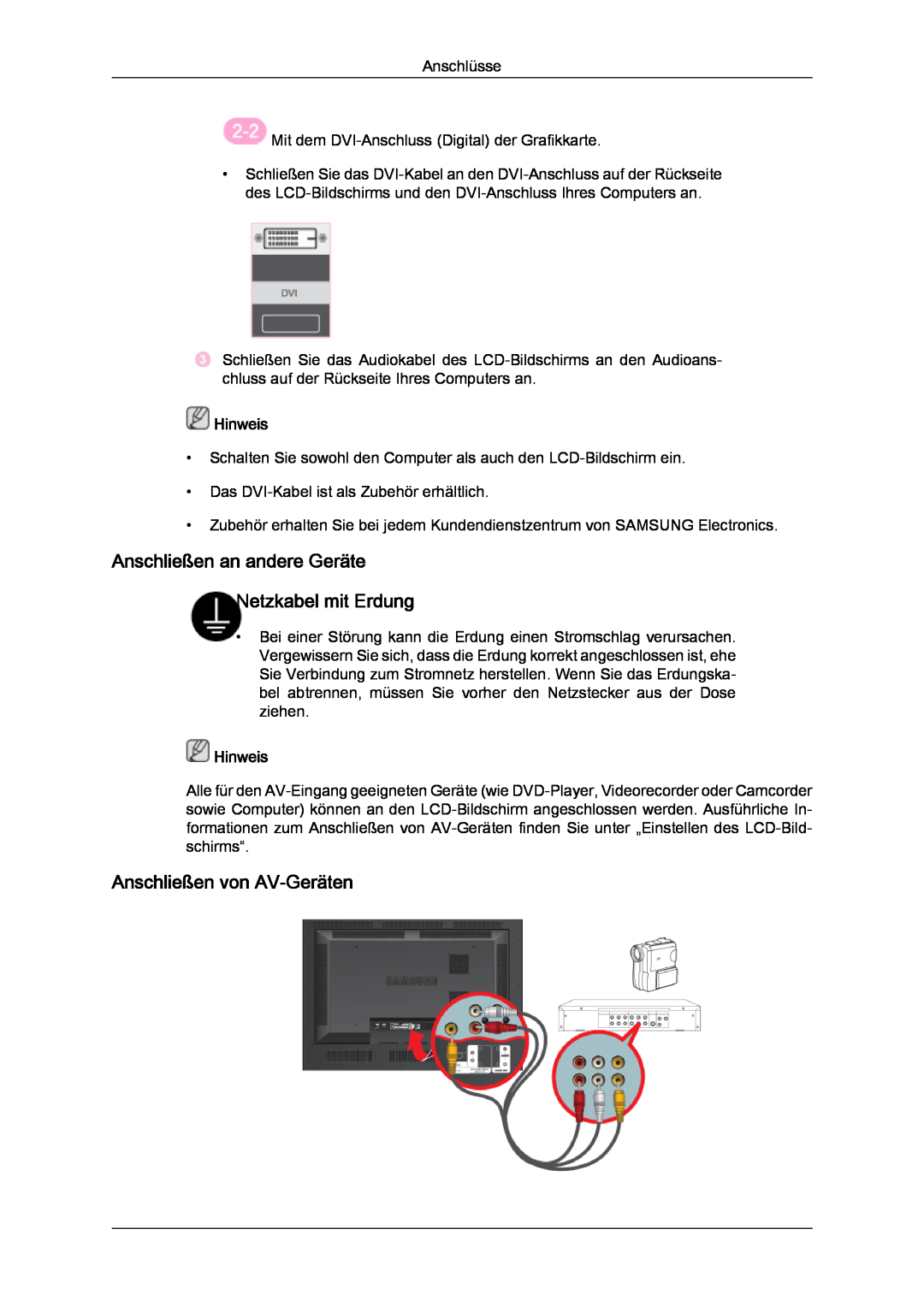 Samsung LH46SOUQSC/EN manual Anschließen an andere Geräte Netzkabel mit Erdung, Anschließen von AV-Geräten, Hinweis 
