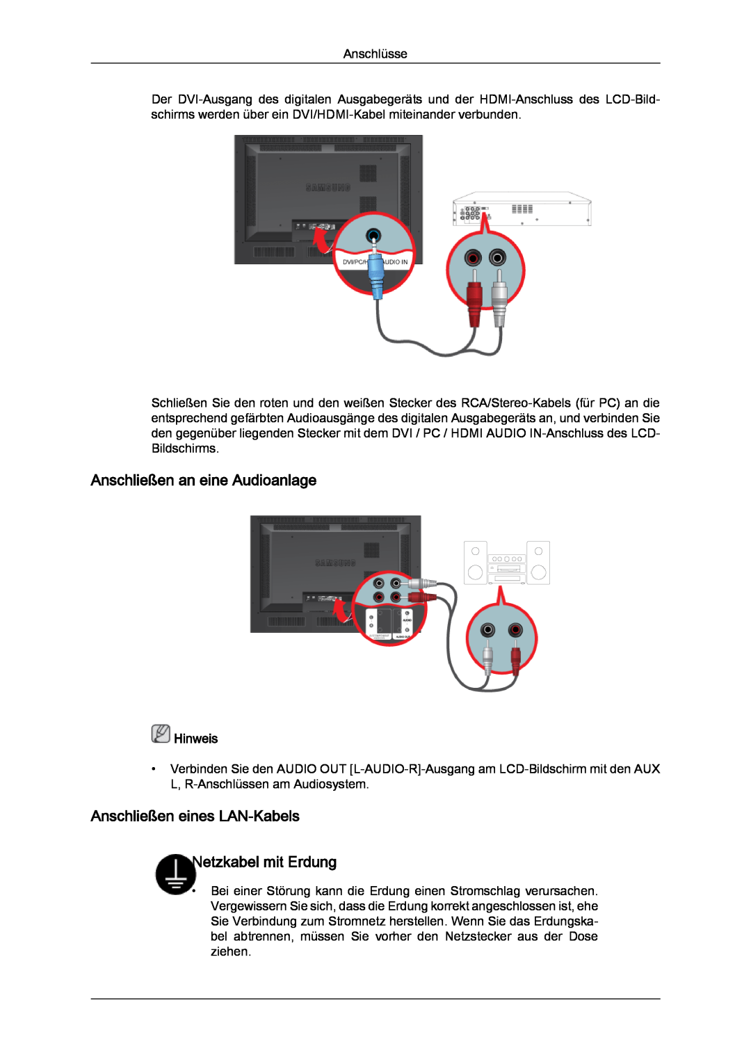 Samsung LH46SOPMBC/EN manual Anschließen an eine Audioanlage, Anschließen eines LAN-Kabels Netzkabel mit Erdung, Hinweis 