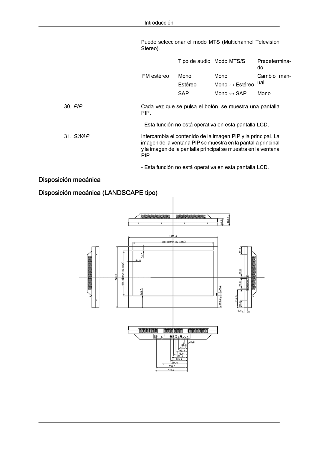 Samsung LH46SOPQBC/EN, LH46SOUQSC/EN, LH46SOTMBC/EN manual Disposición mecánica Disposición mecánica Landscape tipo, Pip 