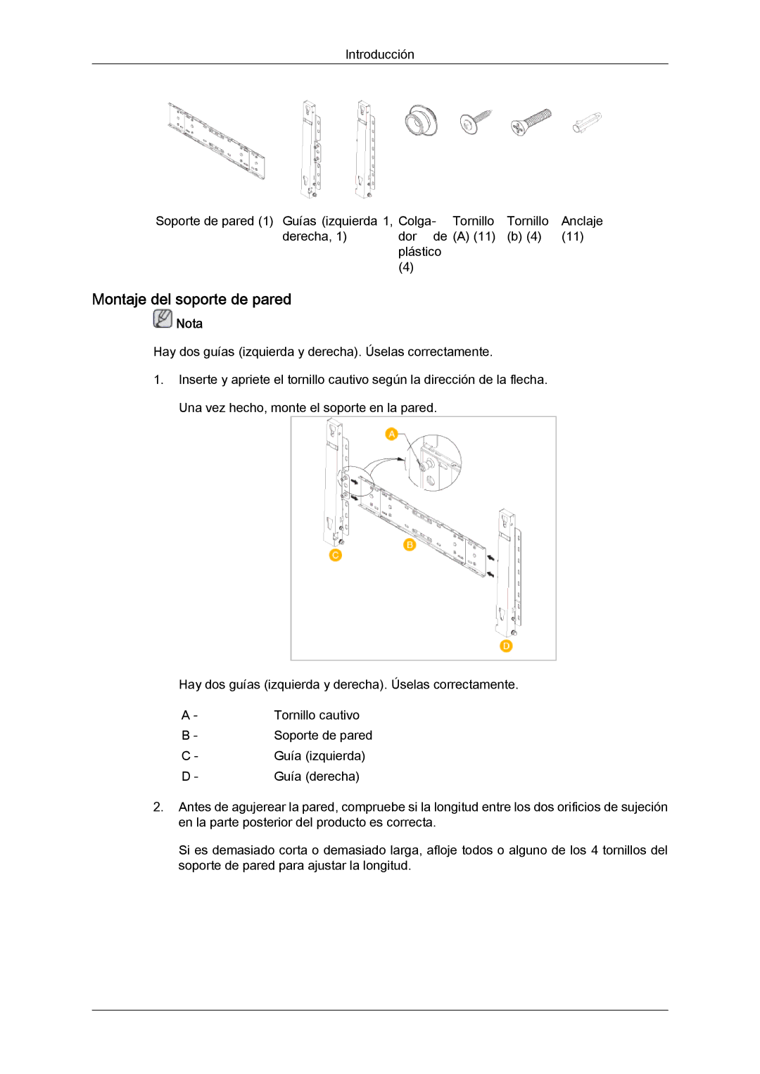 Samsung LH46SOUMSC/EN, LH46SOUQSC/EN, LH46SOTMBC/EN, LH46SOPMBC/EN, LH46SOQMSC/EN manual Montaje del soporte de pared, Nota 