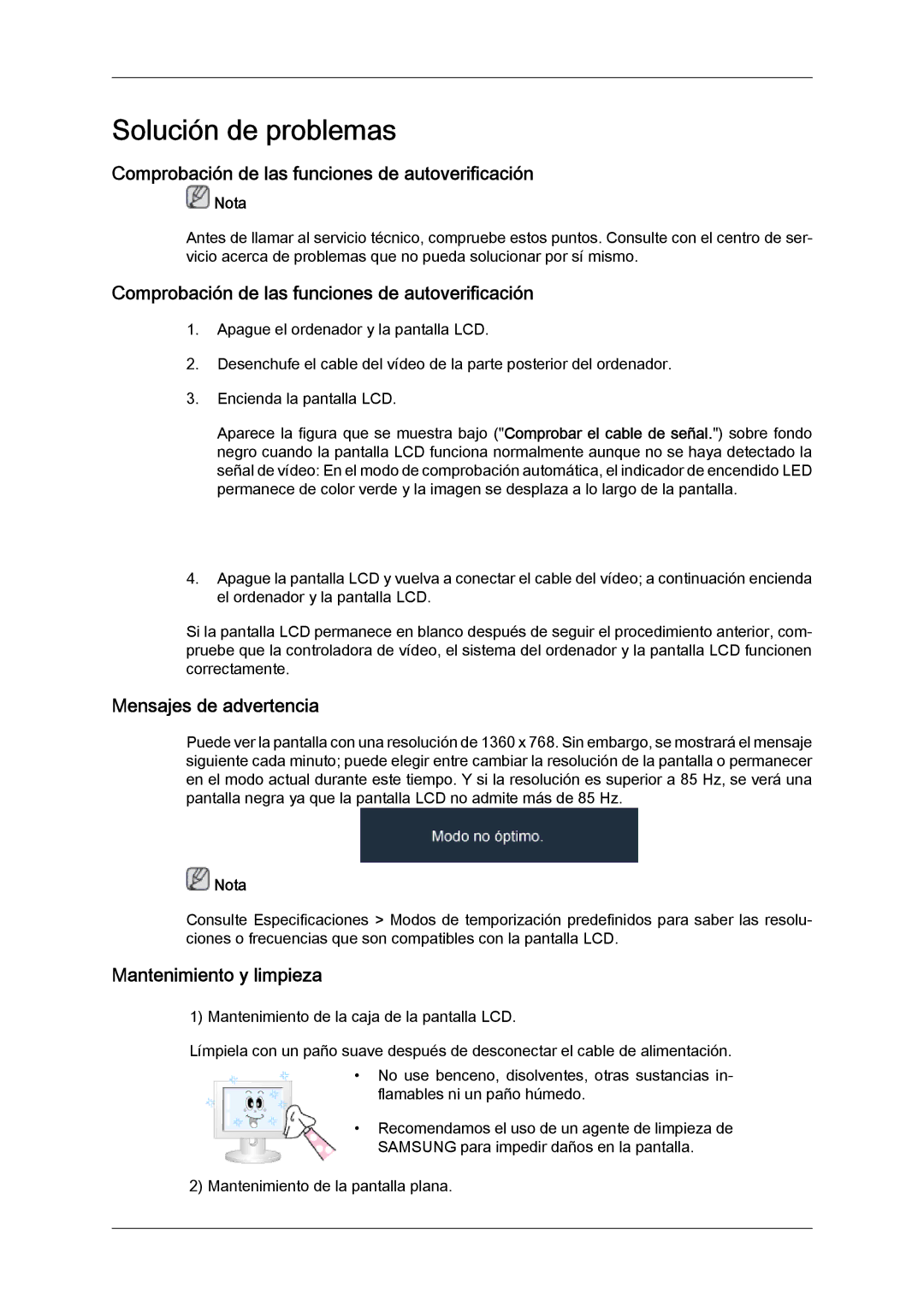 Samsung LH46SOTMBC/EN Comprobación de las funciones de autoverificación, Mensajes de advertencia, Mantenimiento y limpieza 