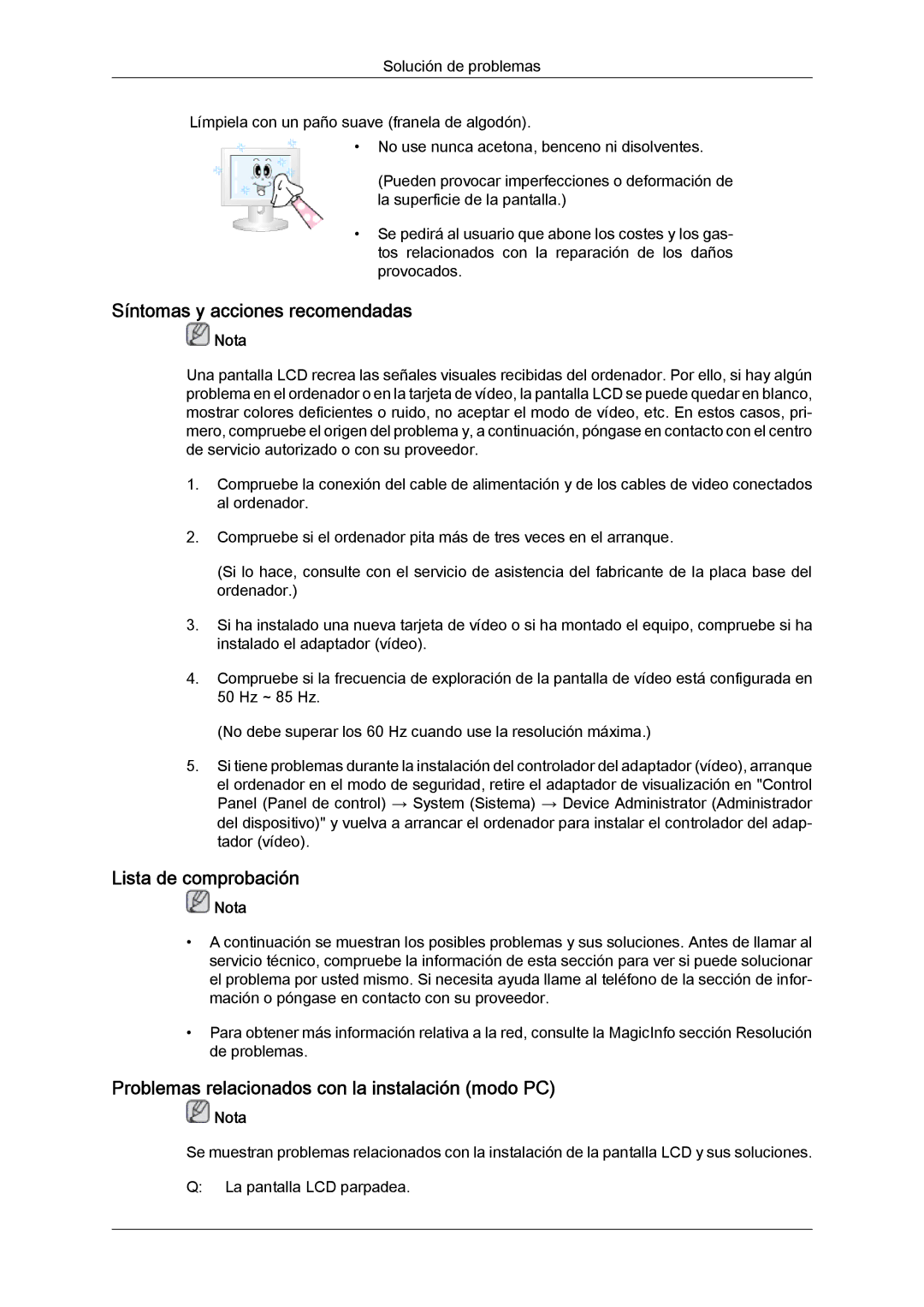 Samsung LH46SOPMBC/EN, LH46SOUQSC/EN, LH46SOTMBC/EN, LH46SOUMSC/EN Síntomas y acciones recomendadas, Lista de comprobación 