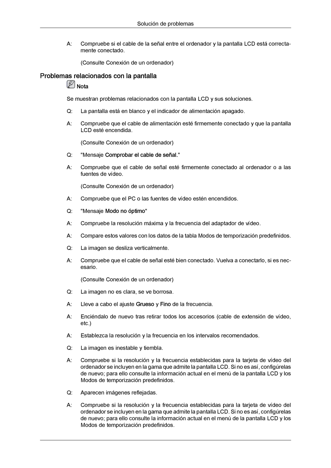 Samsung LH46SOUMSC/EN Problemas relacionados con la pantalla, Mensaje Comprobar el cable de señal, Mensaje Modo no óptimo 