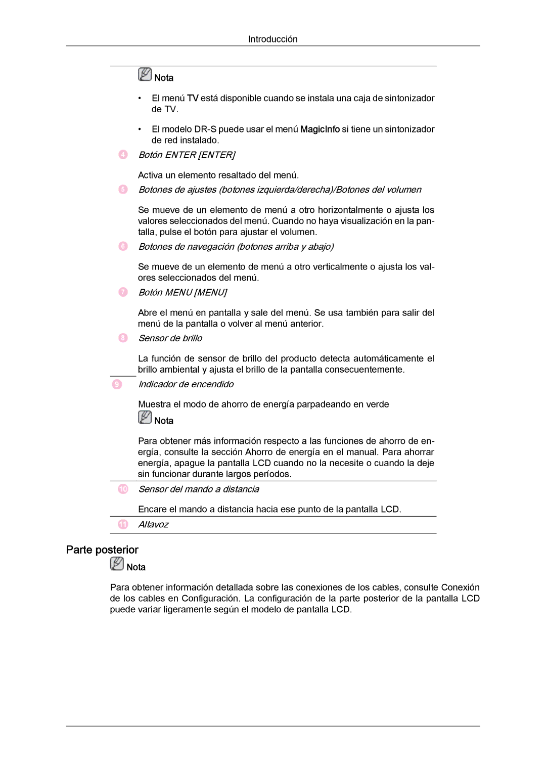 Samsung LH46SOPQBC/EN, LH46SOUQSC/EN, LH46SOTMBC/EN manual Parte posterior, Botones de navegación botones arriba y abajo 