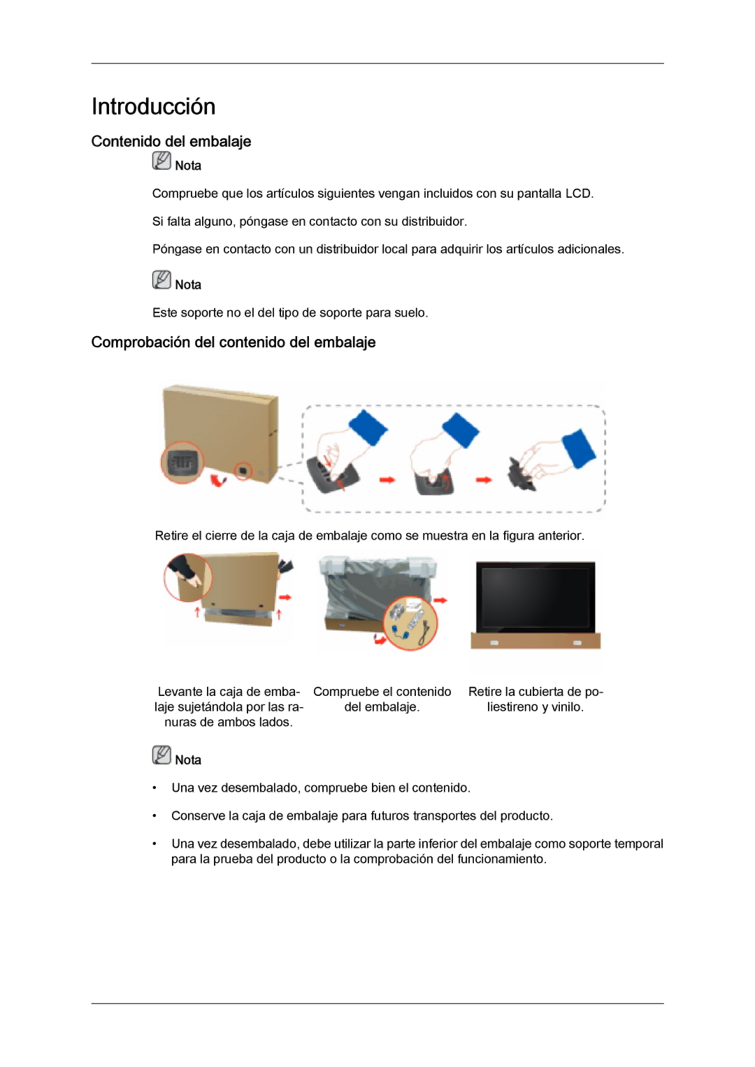 Samsung LH46SOQMSC/EN, LH46SOUQSC/EN, LH46SOTMBC/EN manual Contenido del embalaje, Comprobación del contenido del embalaje 