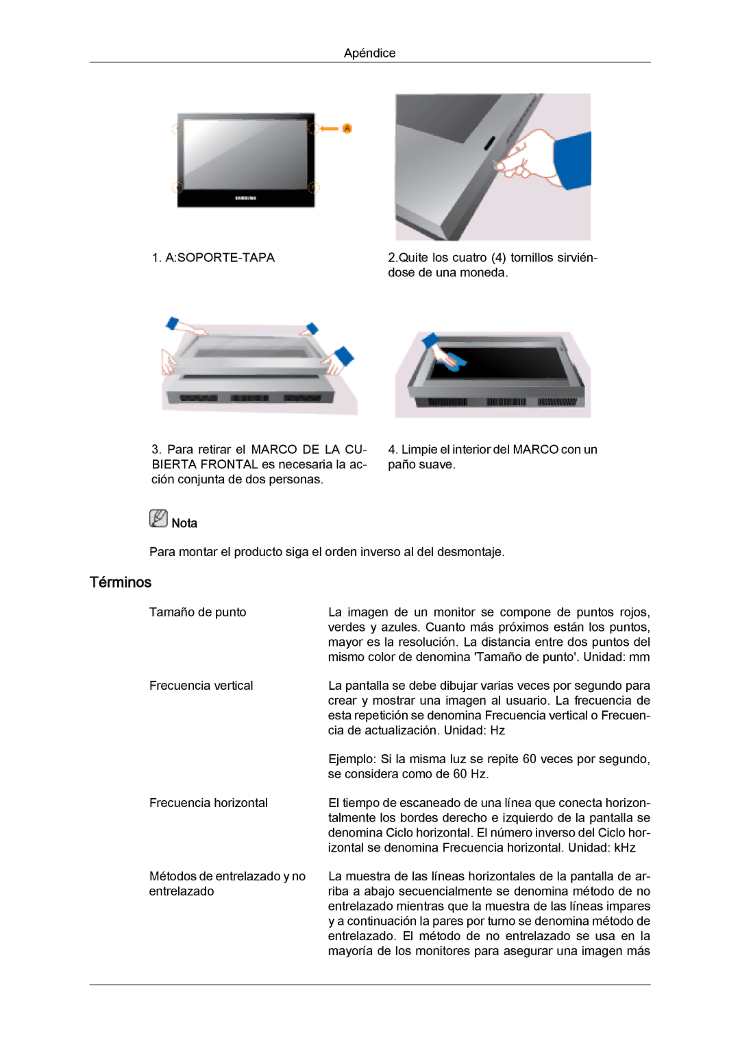 Samsung LH46SOPMBC/EN, LH46SOUQSC/EN, LH46SOTMBC/EN, LH46SOUMSC/EN, LH46SOQMSC/EN, LH46SOPQBC/EN manual Términos, Asoporte-Tapa 