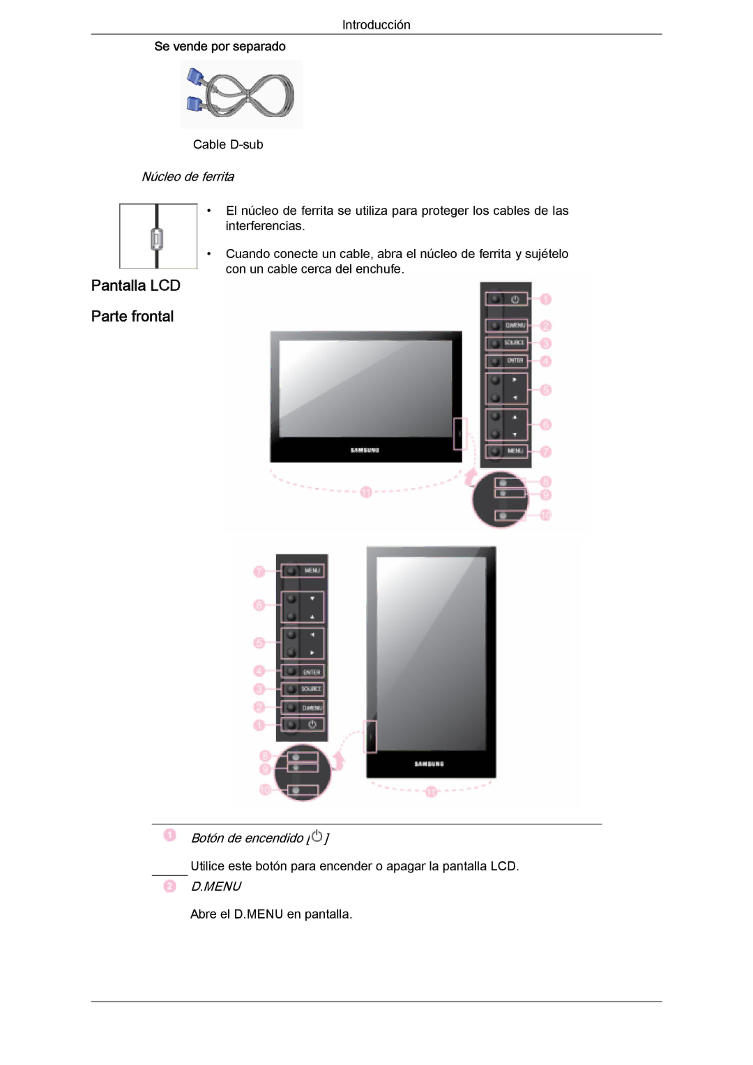 Samsung LH46SOUQSC/EN, LH46SOTMBC/EN, LH46SOPMBC/EN, LH46SOUMSC/EN manual Pantalla LCD Parte frontal, Núcleo de ferrita 