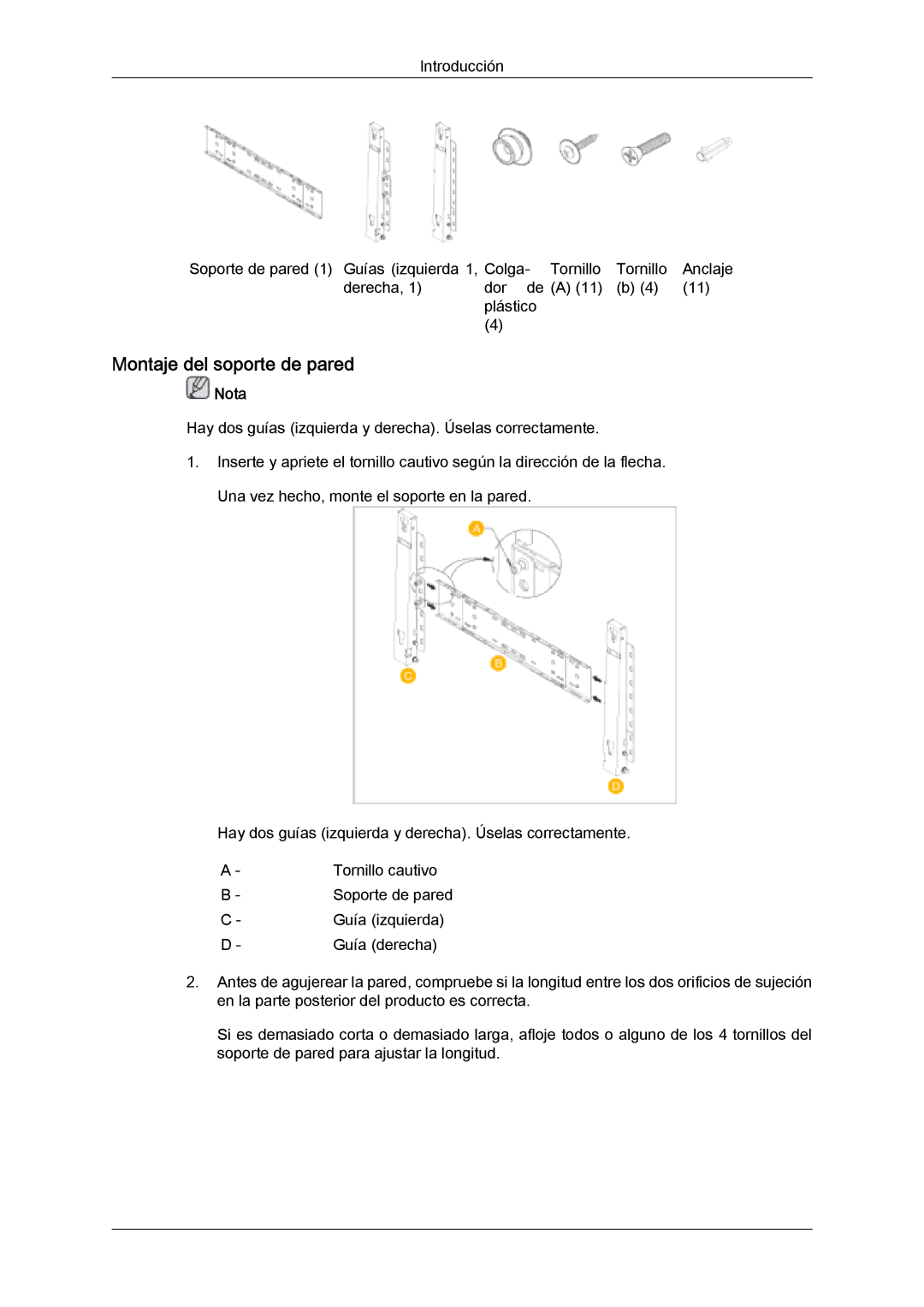 Samsung LH46SOUQSC/EN, LH46SOTMBC/EN, LH46SOPMBC/EN, LH46SOUMSC/EN, LH46SOQMSC/EN manual Montaje del soporte de pared, Nota 